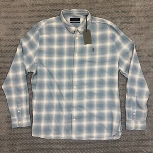 All Saints Men XXL Flannel Button Up Overshirt Blue Black White Check